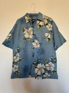 Caribbean Joe 100% Silk Hawaiian Blue Floral Short-Sleeve Button-Down Shirt L